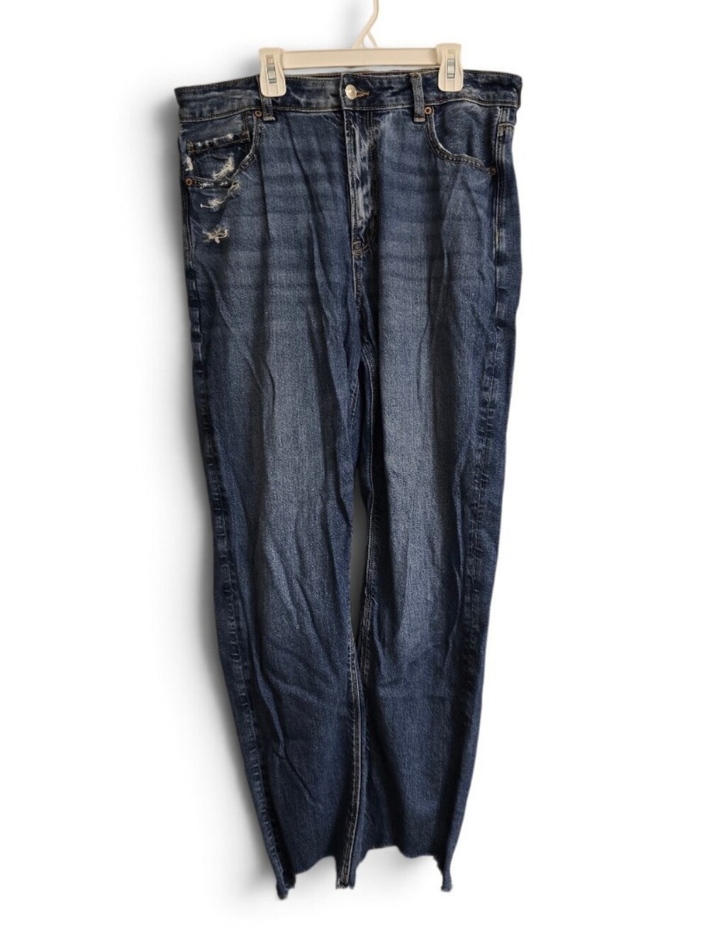 American Eagle AEO Dark Wash Distressed Hem Mom Jeans 12L - Picture 2 of 11